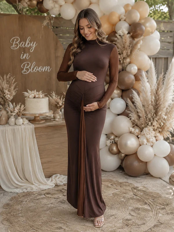 Brown Elegant Draped Hem 2-in-1 Baby Shower Maternity Maxi Dress