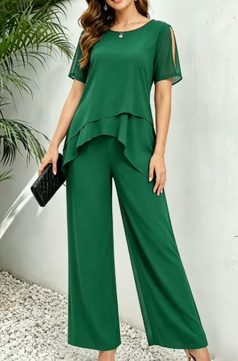 Embellished Keyhole Chiffon Overlay Pant Set