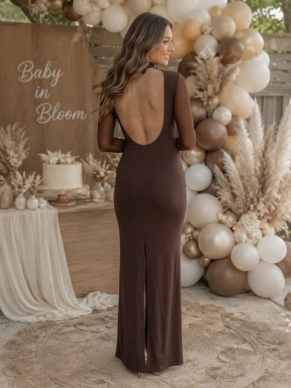 Brown Elegant Draped Hem 2-in-1 Baby Shower Maternity Maxi Dress