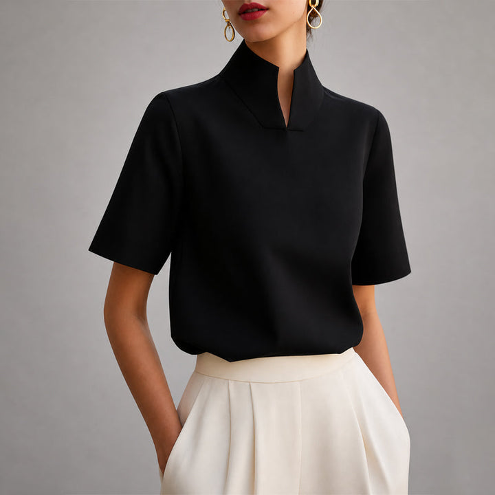 Valerie - Women's Structured V-Cut Mock Neck Blouse