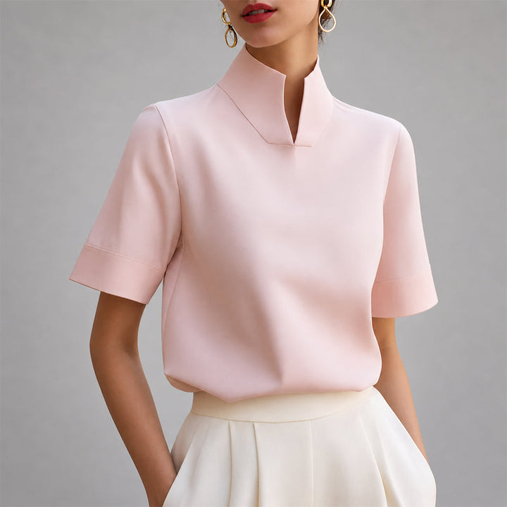 Valerie - Women's Structured V-Cut Mock Neck Blouse