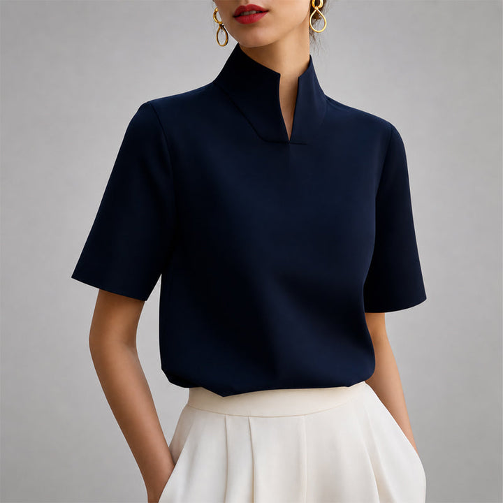 Valerie - Women's Structured V-Cut Mock Neck Blouse