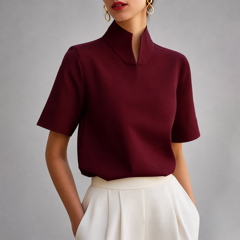 Valerie - Women's Structured V-Cut Mock Neck Blouse