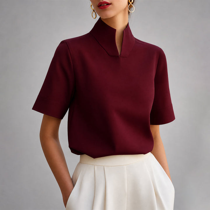 Valerie - Women's Structured V-Cut Mock Neck Blouse