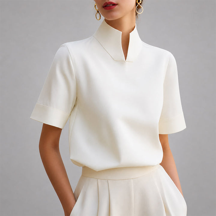 Valerie - Women's Structured V-Cut Mock Neck Blouse