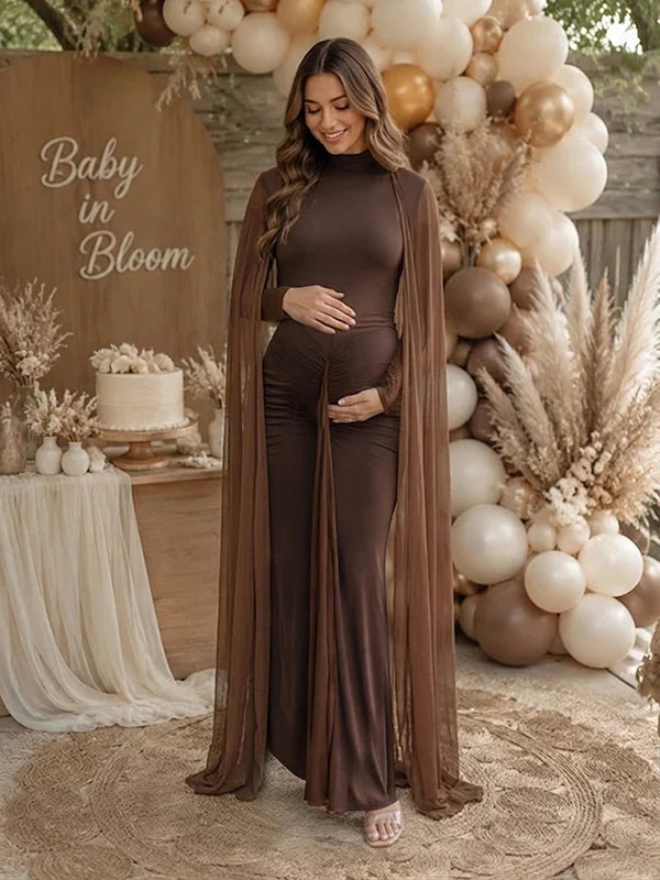 Brown Elegant Draped Hem 2-in-1 Baby Shower Maternity Maxi Dress