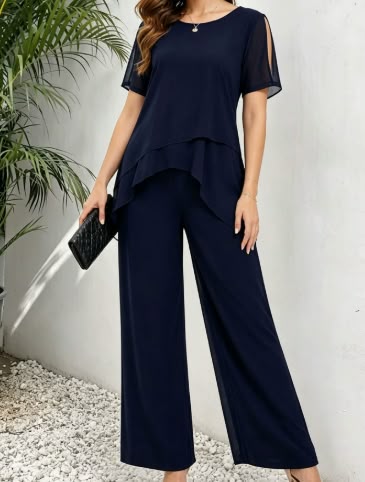 Embellished Keyhole Chiffon Overlay Pant Set