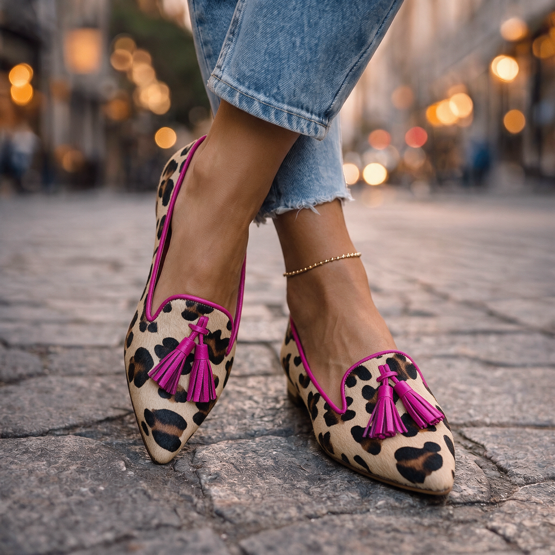 Tessa | Leopard Pointed Tassel Loafers