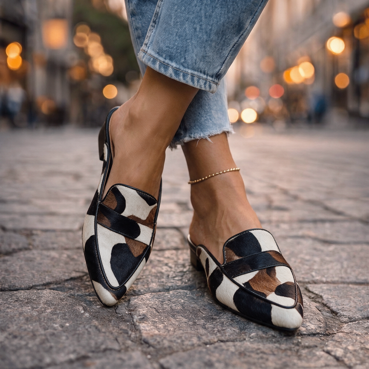 Frankie | Patchwork Cow Print Loafer Mules
