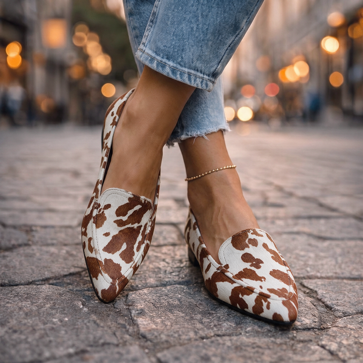 Willa | Cow Print Pointed Loafers
