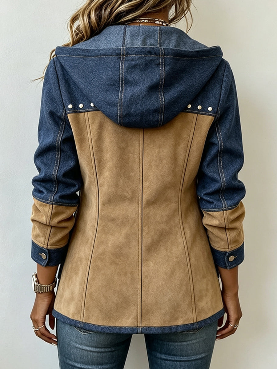 Josephine | Navy & Camel Patchwork Hooded Jacket