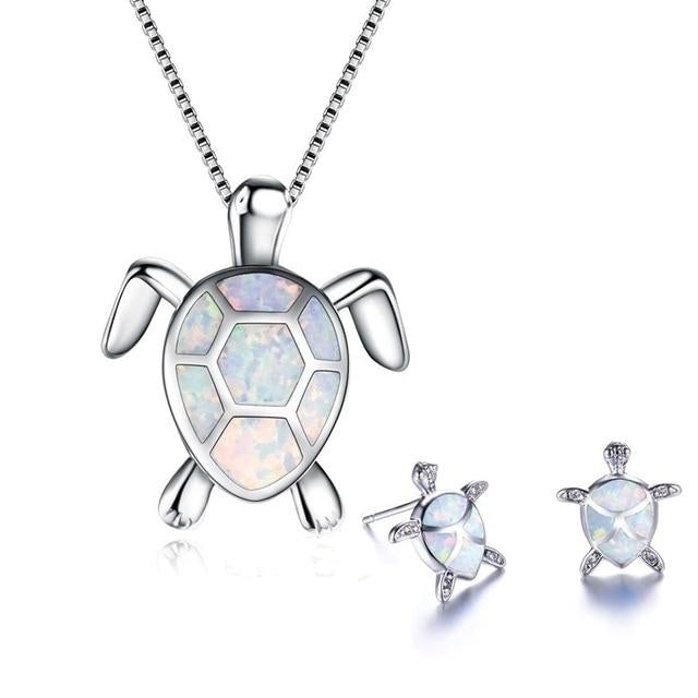 Exclusive Opal & Silver Sea Turtle Necklace and Earring Set
