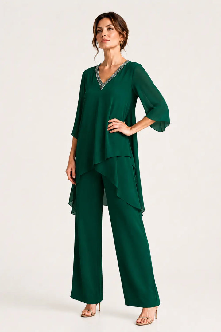 Asymmetric Chiffon Capelet Pant Suit with Wide-Leg Pants