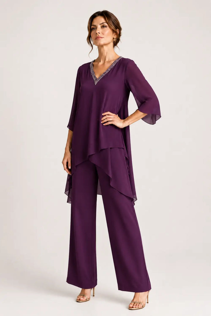 Asymmetric Chiffon Capelet Pant Suit with Wide-Leg Pants