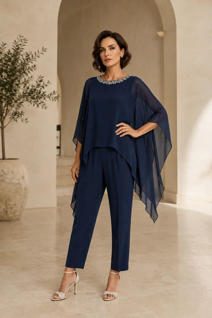 Beaded Chiffon Asymmetric Capelet Pant Suit