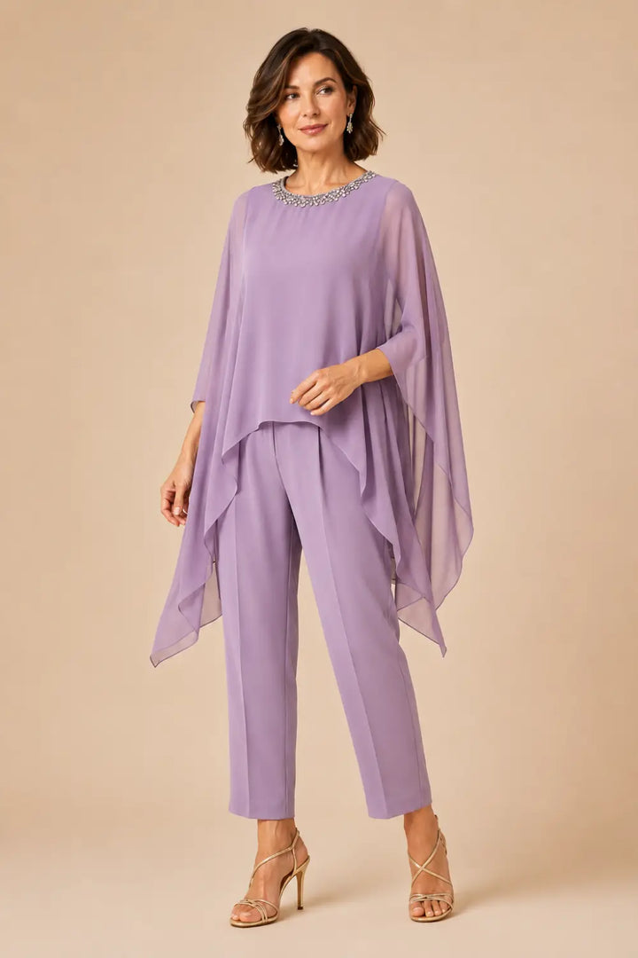 Beaded Chiffon Asymmetric Capelet Pant Suit