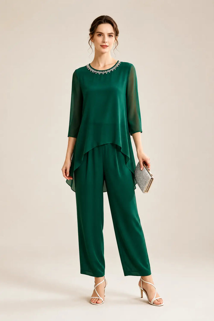Beaded Chiffon Capelet Pant Suit with Wide-Leg Pants