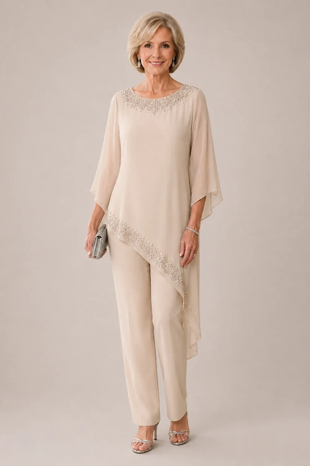 Beaded Chiffon Overlay Mother of the Bride Pant Suit