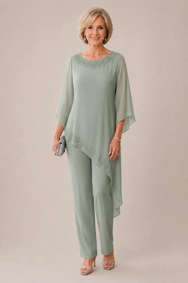 Beaded Chiffon Overlay Mother of the Bride Pant Suit