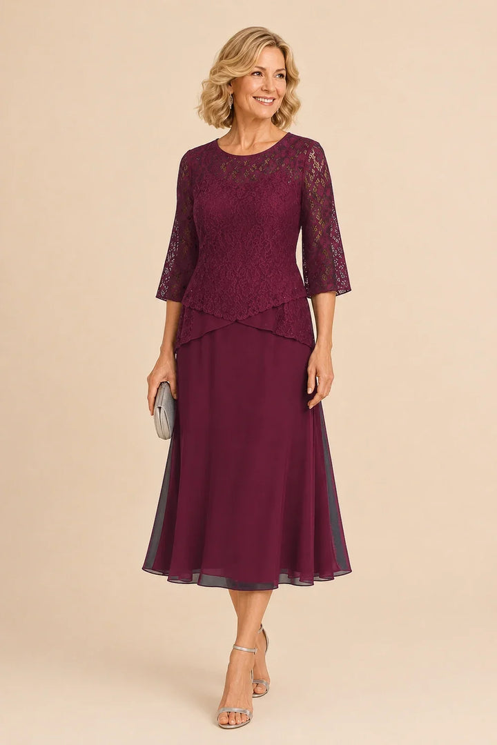 Beaded Lace Asymmetric Tea-Length Chiffon Dress