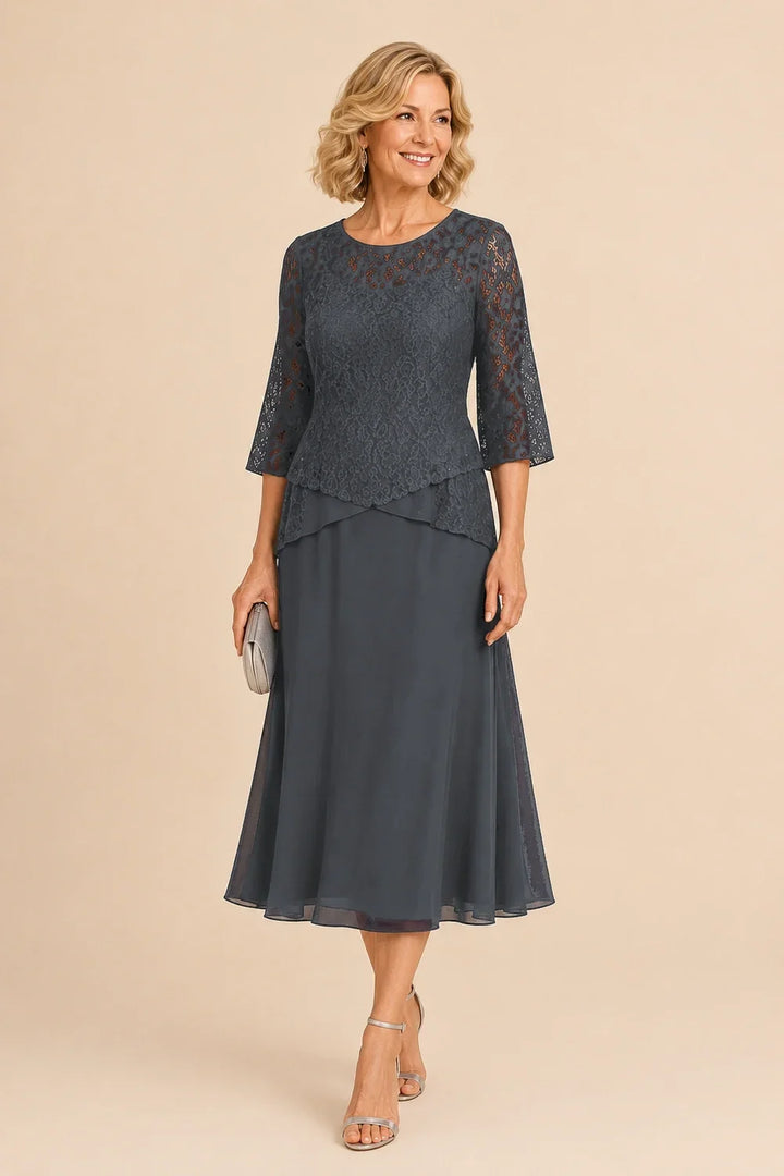 Beaded Lace Asymmetric Tea-Length Chiffon Dress