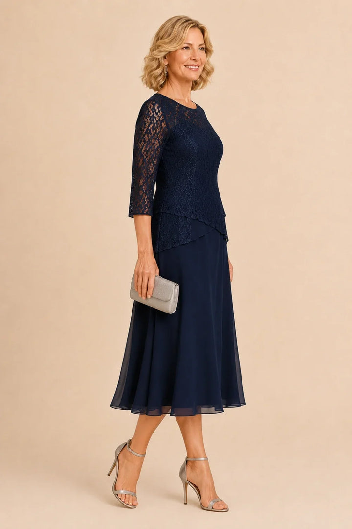Beaded Lace Asymmetric Tea-Length Chiffon Dress