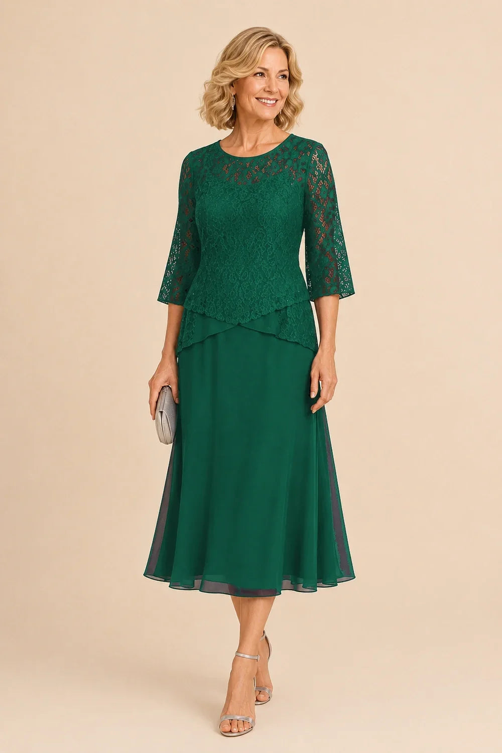 Beaded Lace Asymmetric Tea-Length Chiffon Dress