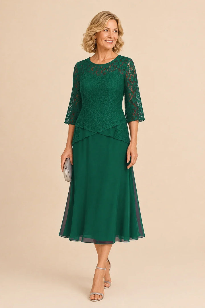 Beaded Lace Asymmetric Tea-Length Chiffon Dress