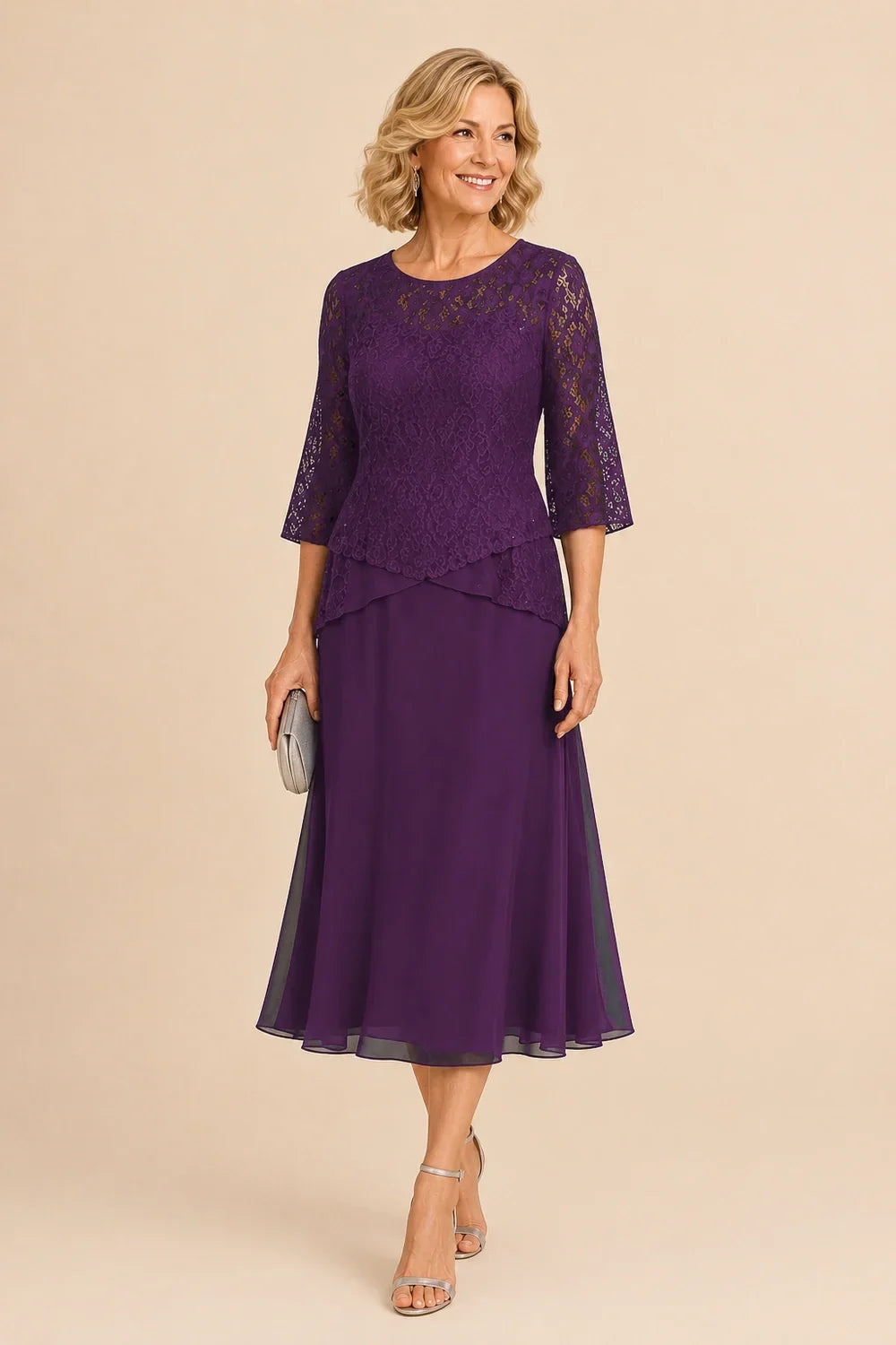 Beaded Lace Asymmetric Tea-Length Chiffon Dress