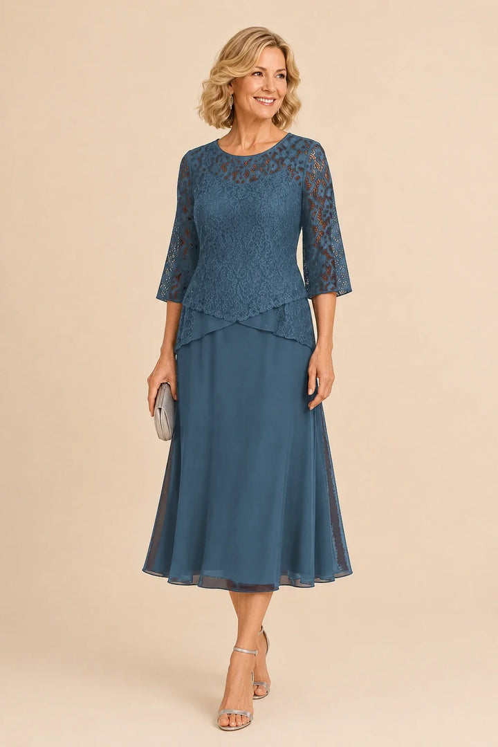 Beaded Lace Asymmetric Tea-Length Chiffon Dress