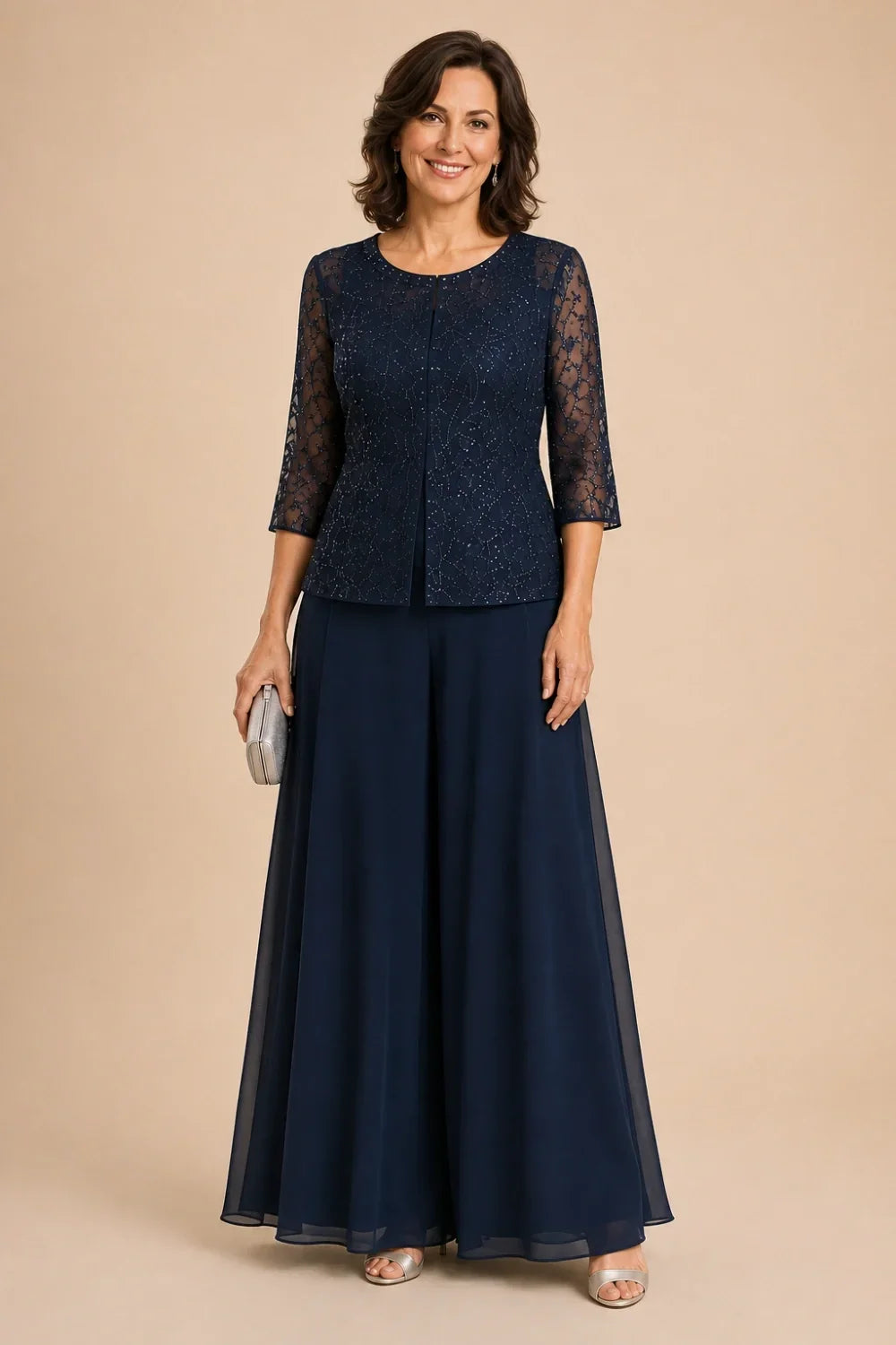 Beaded Lace Culotte Pant Suit with Chiffon Overlay