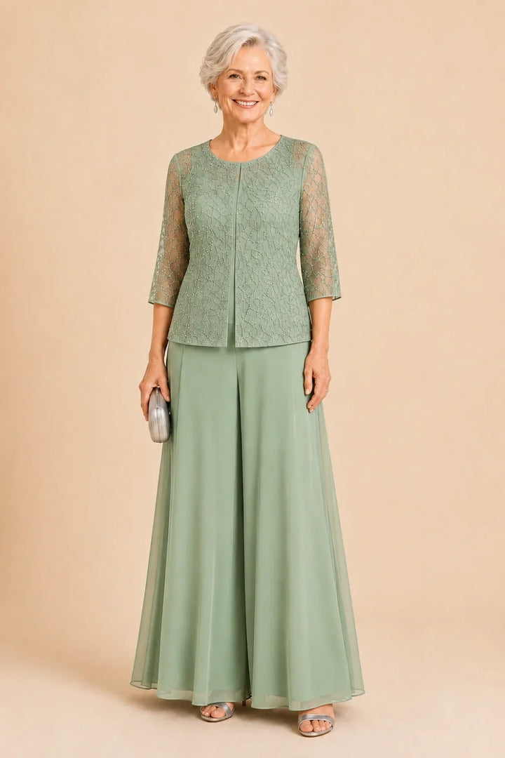 Beaded Lace Culotte Pant Suit with Chiffon Overlay