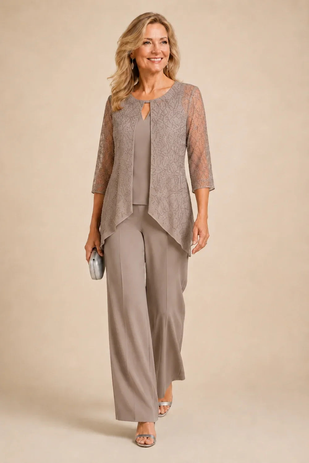 Beaded Lace Layered Wide-Leg Pant Suit