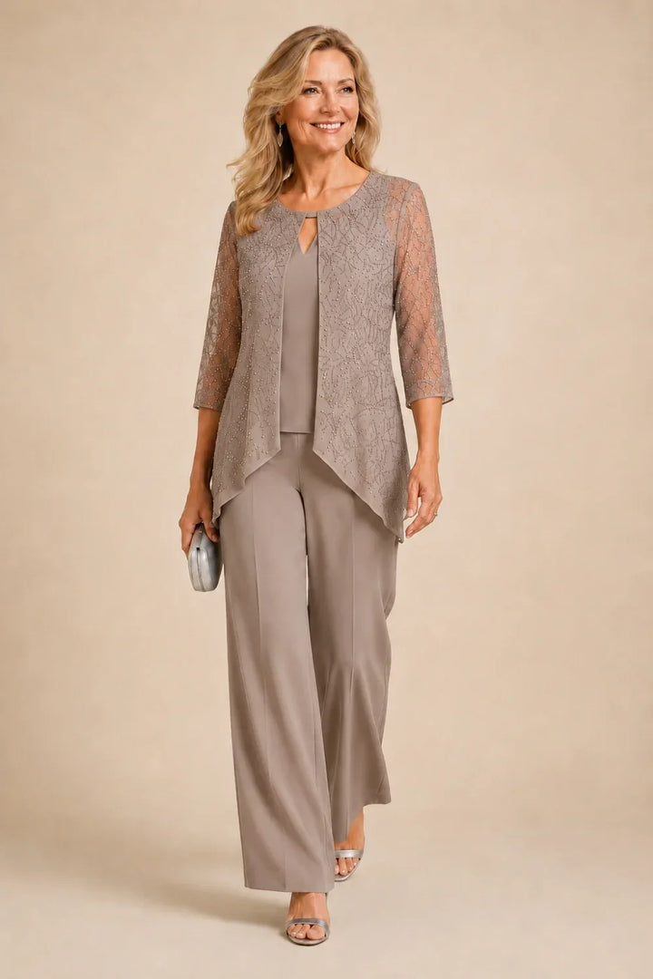 Beaded Lace Layered Wide-Leg Pant Suit