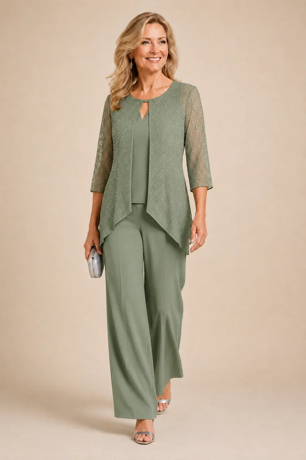 Beaded Lace Layered Wide-Leg Pant Suit