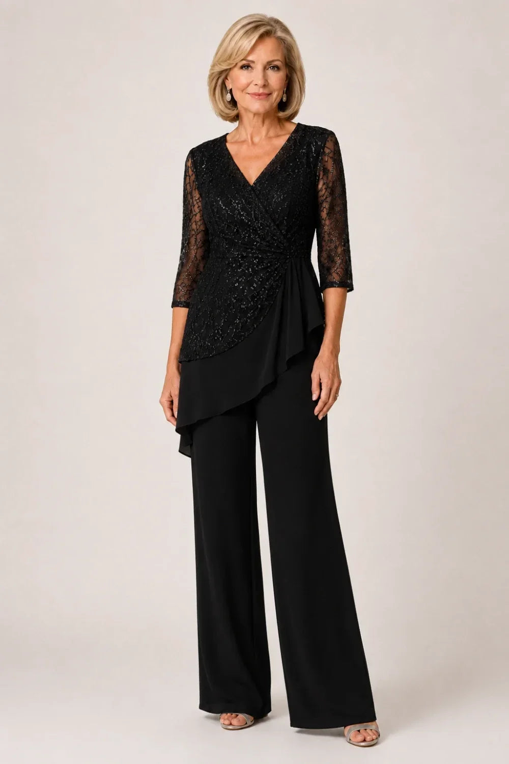 Beaded Lace Chiffon Pant Suit with Sheer Sleeves