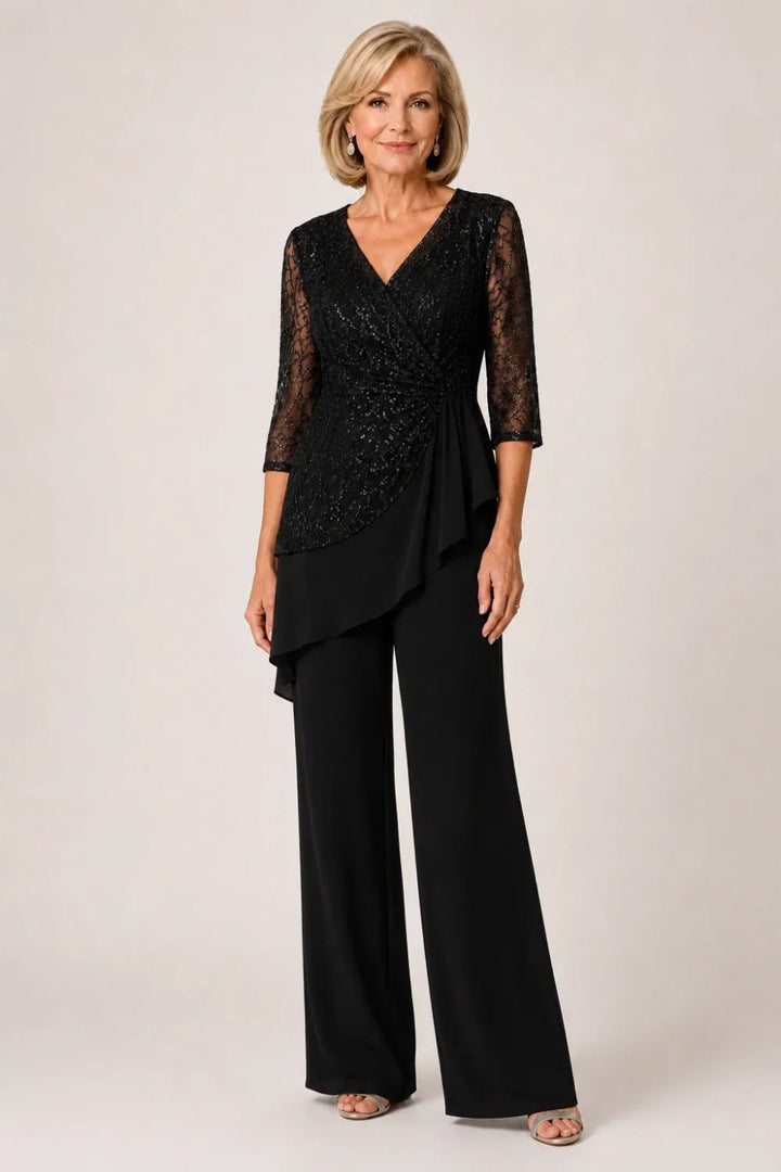 Beaded Lace Chiffon Pant Suit with Sheer Sleeves