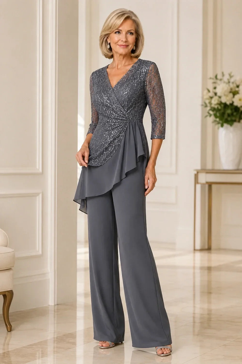 Beaded Lace Chiffon Pant Suit with Sheer Sleeves