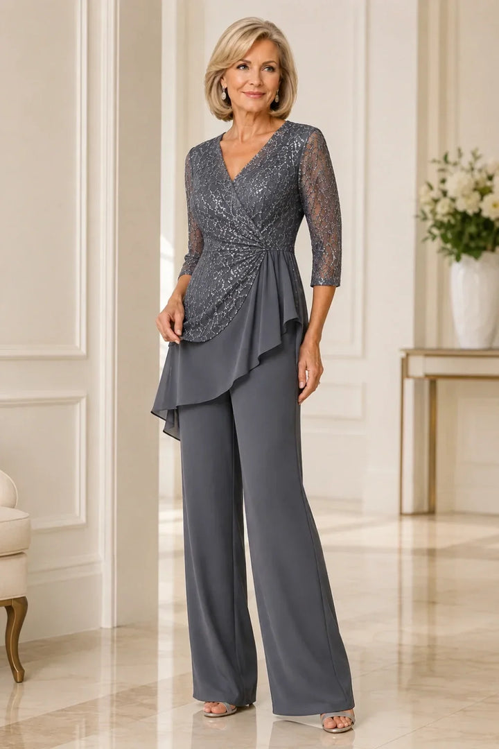 Beaded Lace Chiffon Pant Suit with Sheer Sleeves