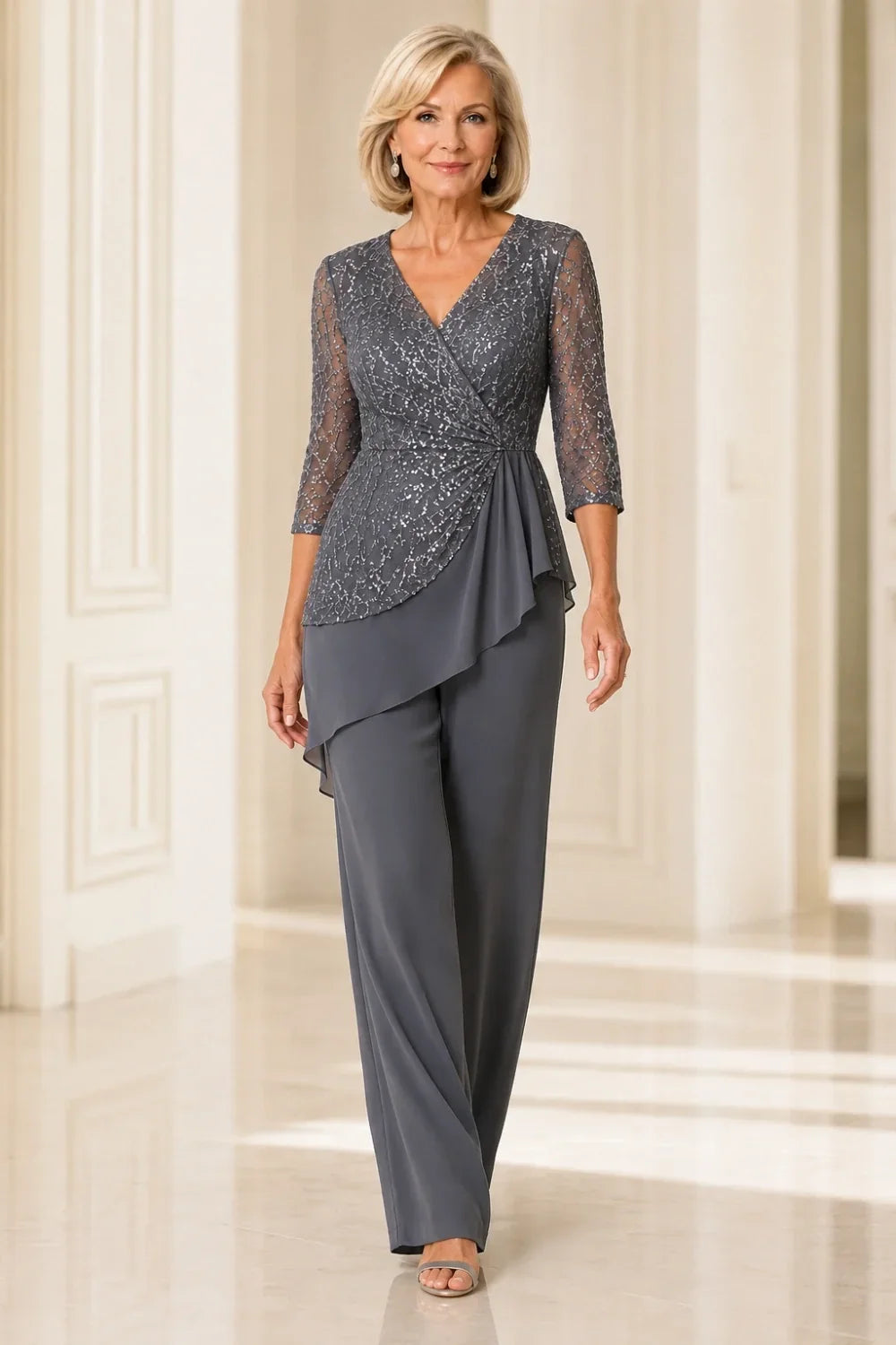 Beaded Lace Chiffon Pant Suit with Sheer Sleeves