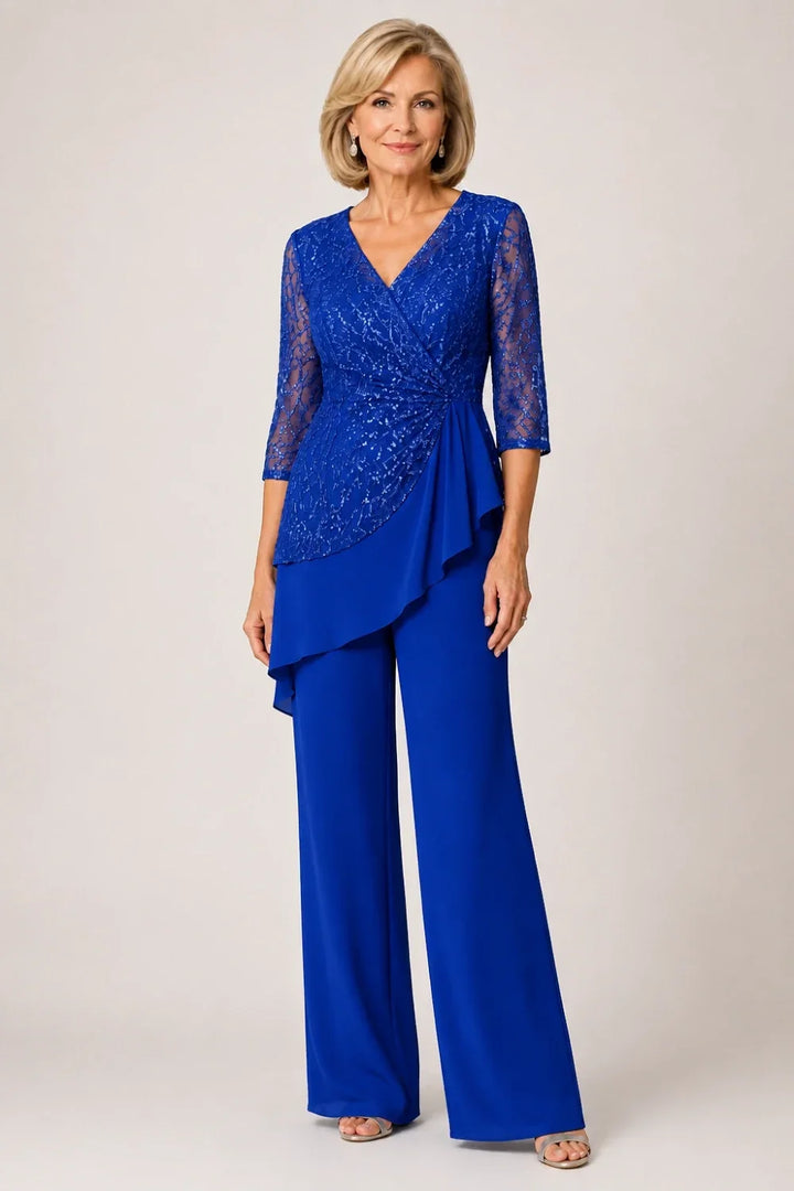 Beaded Lace Chiffon Pant Suit with Sheer Sleeves