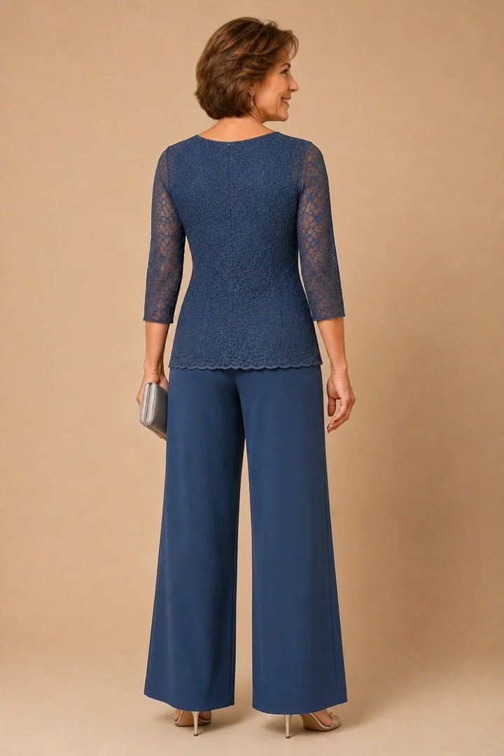 Beaded Lace Wide-Leg Pant Suit with 3/4 Sleeves
