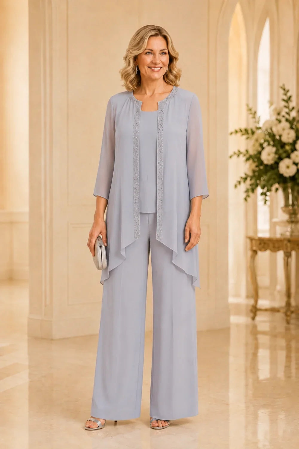 Beaded Three-Piece Chiffon Pant Suit with Draped Jacket