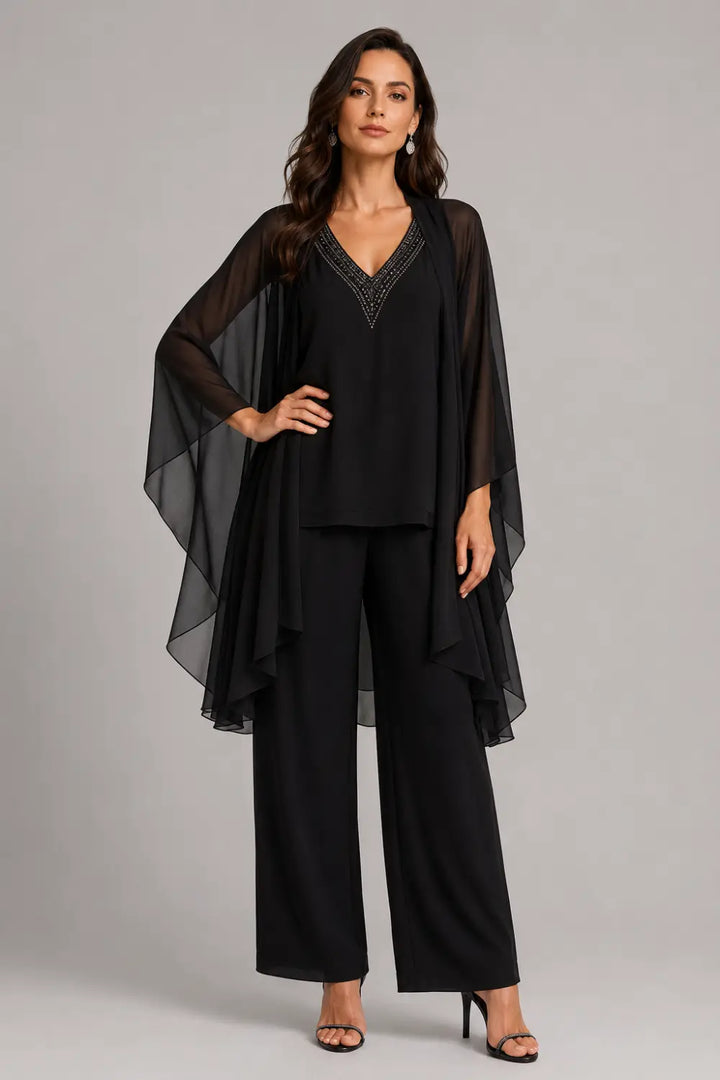 Beaded V-Neck Chiffon Capelet Pant Suit