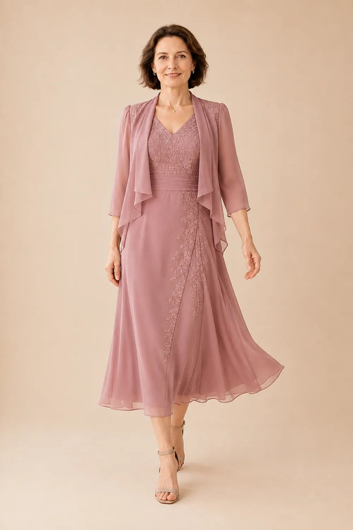 V Neck Chiffon Midi Dress with Lace Detail