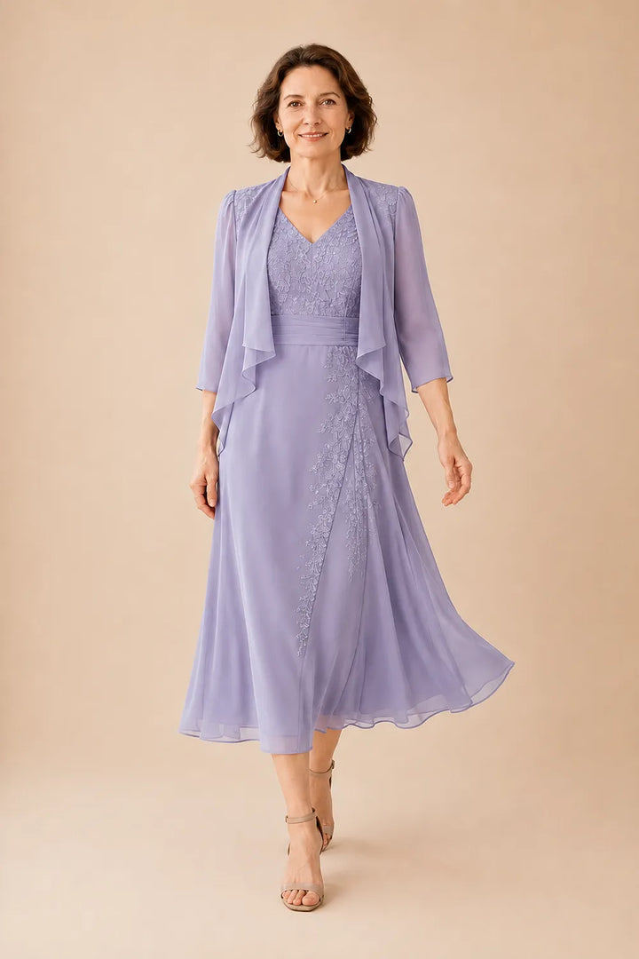 V Neck Chiffon Midi Dress with Lace Detail