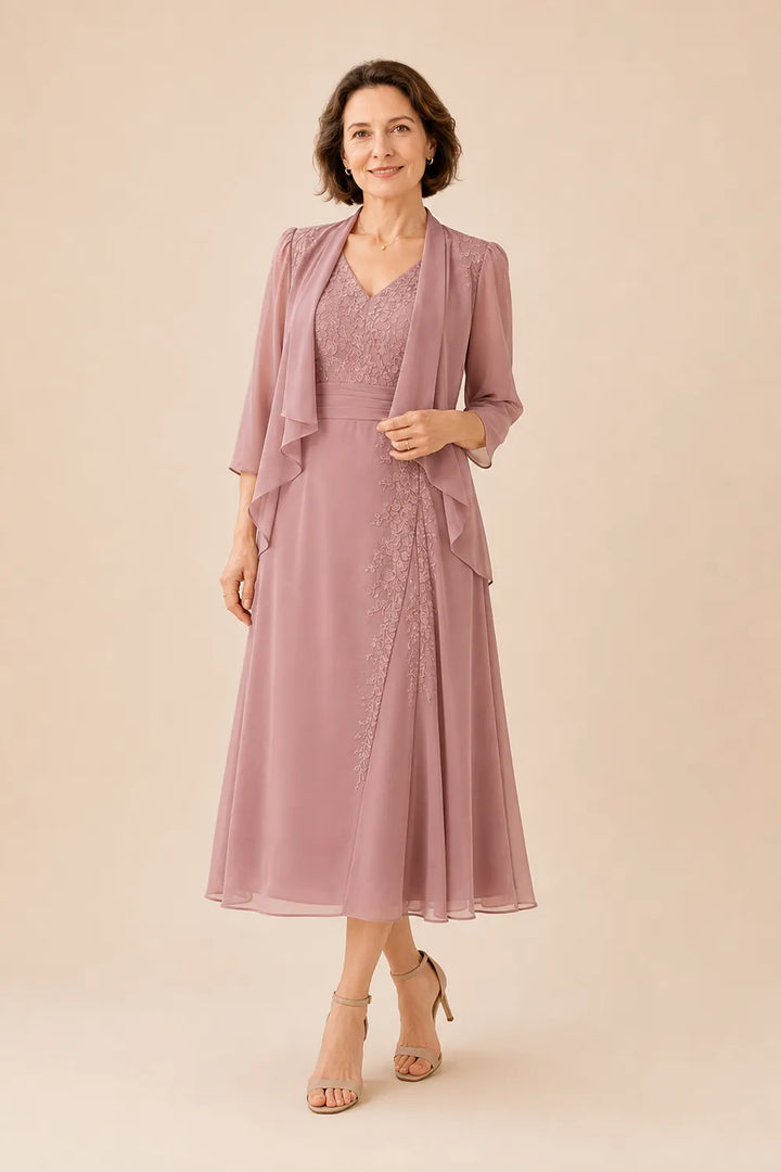 V Neck Chiffon Midi Dress with Lace Detail