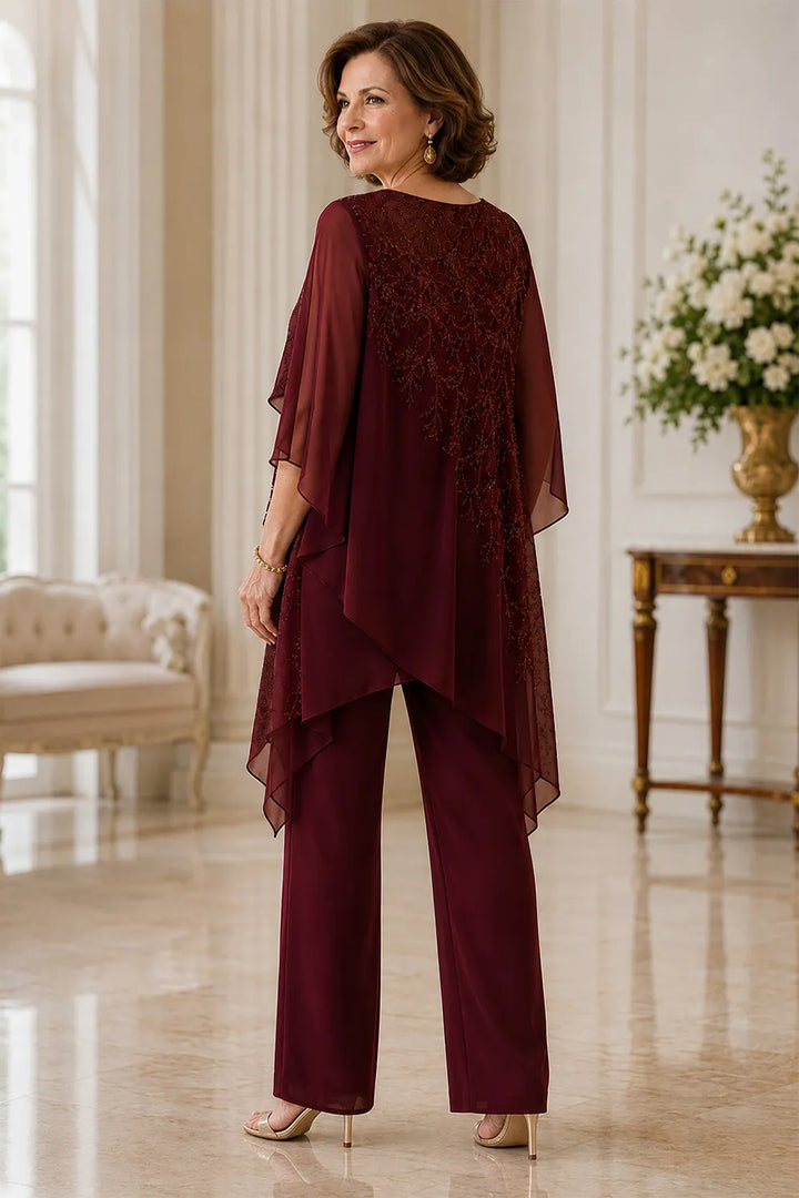 Embroidered Chiffon Overlay Mother of the Bride Pant Suit