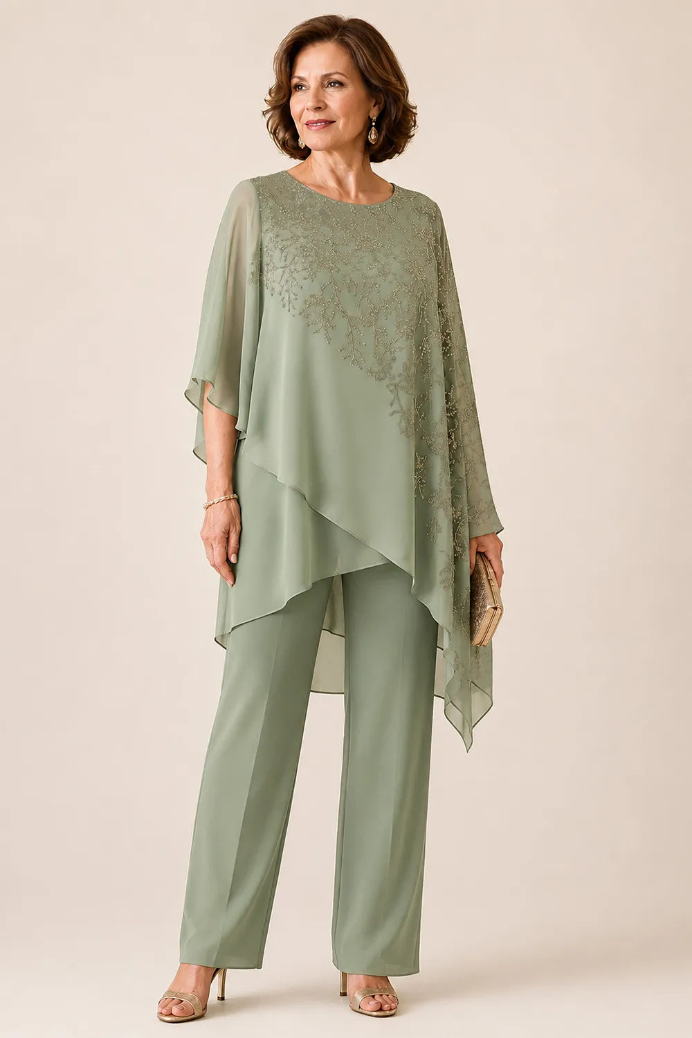 Embroidered Chiffon Overlay Mother of the Bride Pant Suit