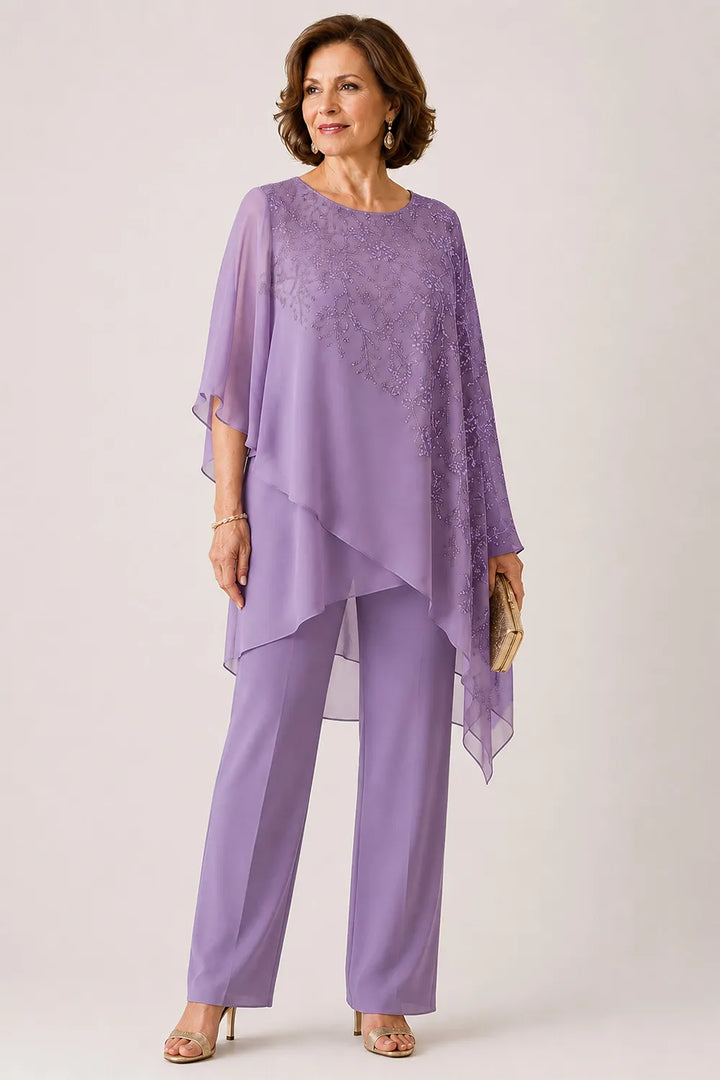 Embroidered Chiffon Overlay Mother of the Bride Pant Suit